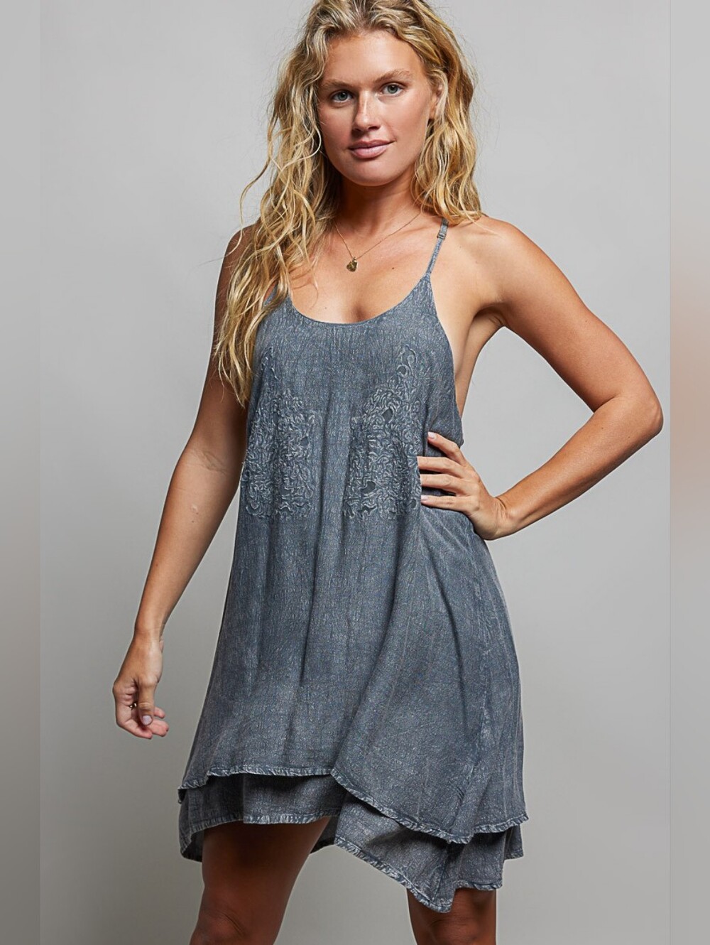 POL Embroidered Adjustable Strap Mini Dress- Charcoal- Fast Shipping!! - Picture 2 of 8
